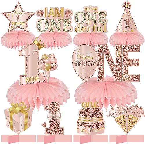 Turypaty 10Pcs 1st Birthday Decorations Honeycomb Centerpieces for Baby Girls, Pink Rose Gold Miss Onederful First Birthday Table Centerpieces Party Supplies, One Year Old Bday Table Topper Decor - Image 1