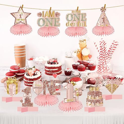 Turypaty 10Pcs 1st Birthday Decorations Honeycomb Centerpieces for Baby Girls, Pink Rose Gold Miss Onederful First Birthday Table Centerpieces Party Supplies, One Year Old Bday Table Topper Decor - Image 3