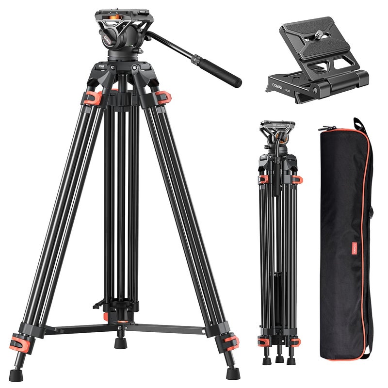 COMAN 74" Camera Tripod, Heavy Duty Video Tripod for Camera with Fluid Head and Aluminium Alloy Max Load 22.04 lbs/ 10KG for Canon Nikon DSLR Camcorder, FF16LS - Image 1