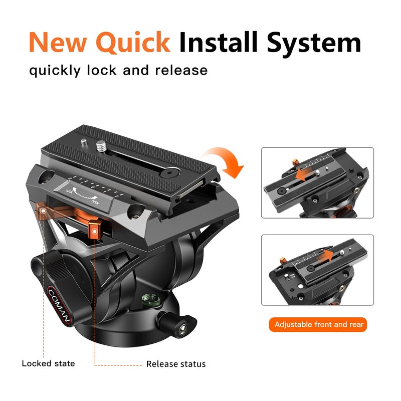 COMAN 74" Camera Tripod, Heavy Duty Video Tripod for Camera with Fluid Head and Aluminium Alloy Max Load 22.04 lbs/ 10KG for Canon Nikon DSLR Camcorder, FF16LS - Image 3