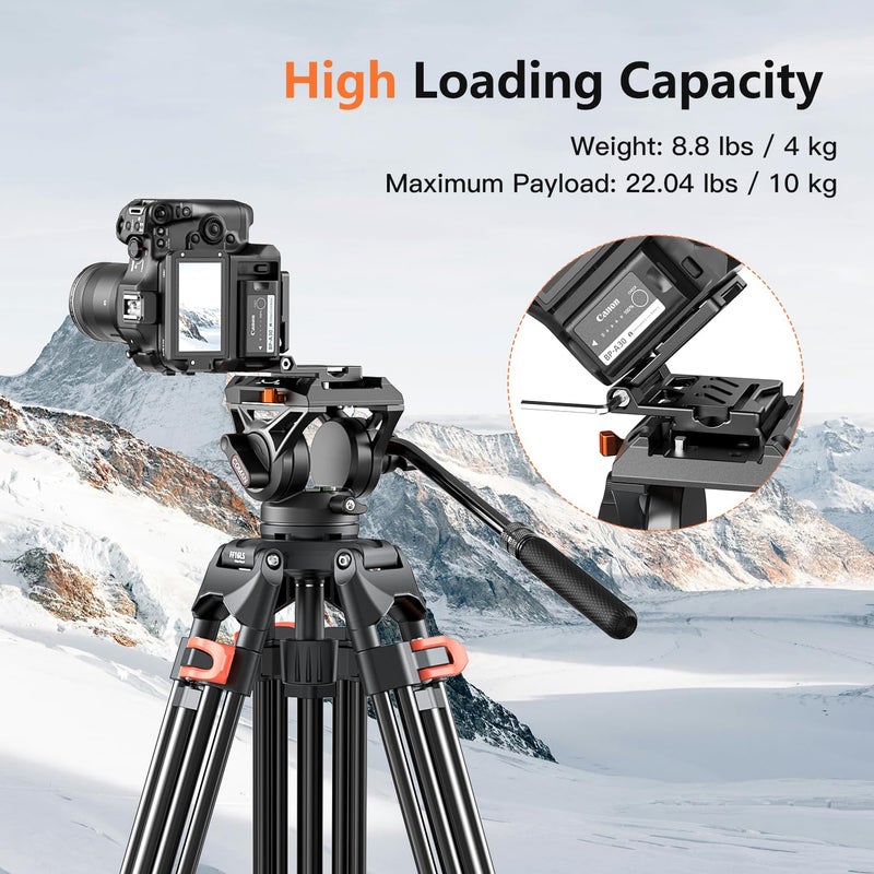 COMAN 74" Camera Tripod, Heavy Duty Video Tripod for Camera with Fluid Head and Aluminium Alloy Max Load 22.04 lbs/ 10KG for Canon Nikon DSLR Camcorder, FF16LS - Image 2