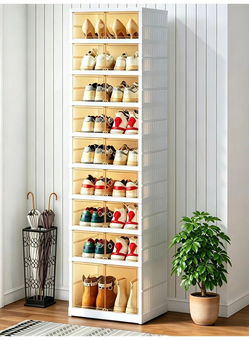 ChenDa 9‑Tier Foldable Shoe Cabinet with Wheels, Holds 18 Pairs Shoes, Magnetic Clear Doors, One‑Piece No‑Assembly, White - Image 1