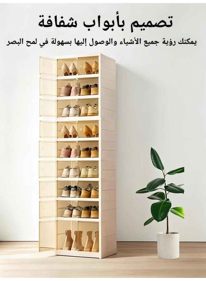 ChenDa 9‑Tier Foldable Shoe Cabinet with Wheels, Holds 18 Pairs Shoes, Magnetic Clear Doors, One‑Piece No‑Assembly, White - Image 3