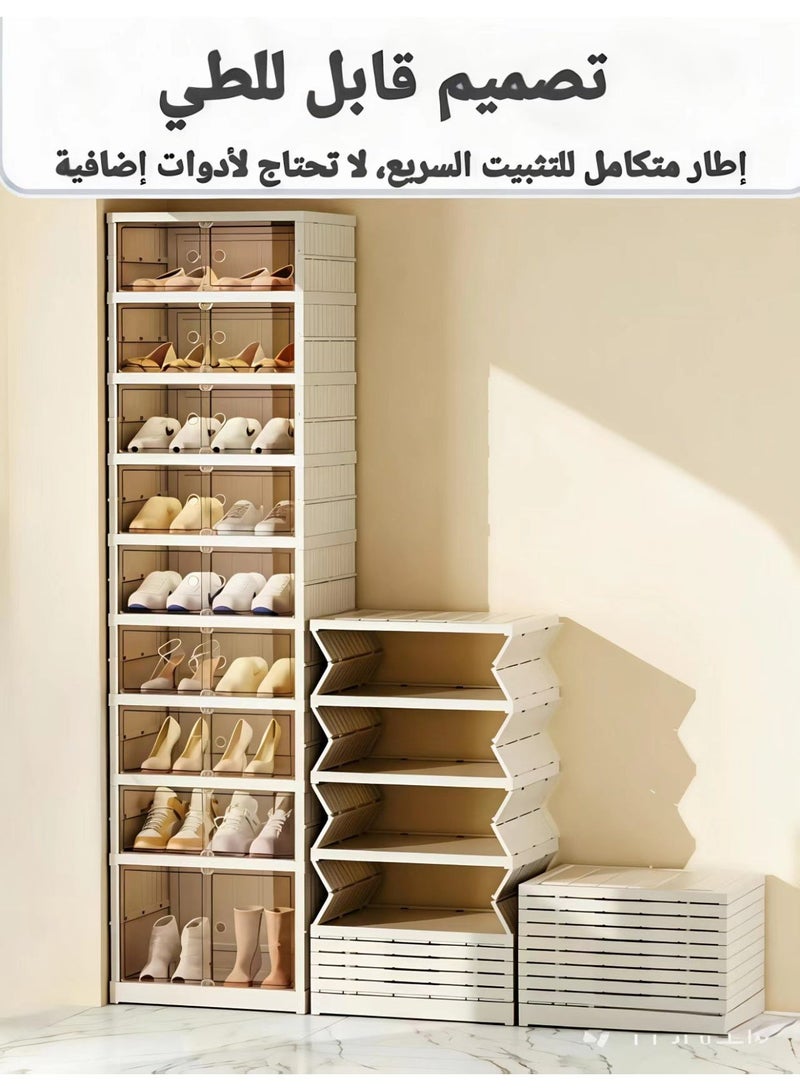ChenDa 9‑Tier Foldable Shoe Cabinet with Wheels, Holds 18 Pairs Shoes, Magnetic Clear Doors, One‑Piece No‑Assembly, White - Image 5