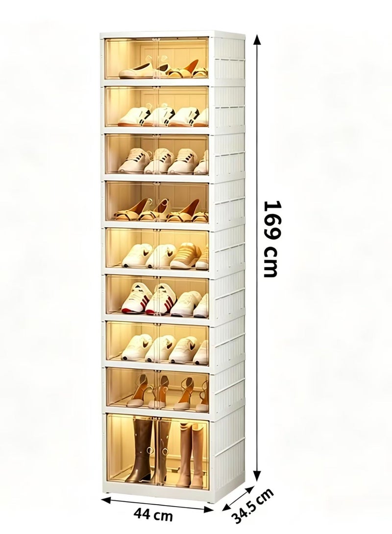 ChenDa 9‑Tier Foldable Shoe Cabinet with Wheels, Holds 18 Pairs Shoes, Magnetic Clear Doors, One‑Piece No‑Assembly, White - Image 2