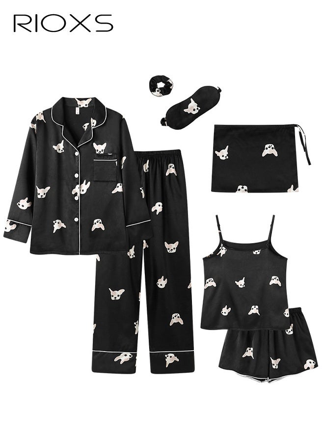 RIOXS 7pcs Women's Silk Satin Pajama Set, Comfortable Four-season Dog Patterned Sleepwear with Short and Long Pants, Cami and V-neck Button Down Long Sleeve Nightwear Tops, Soft Loungewear Set for Pajama Party, Bridal Party, Lounging Room,Travel, Holiday, ect. Black - Image 1