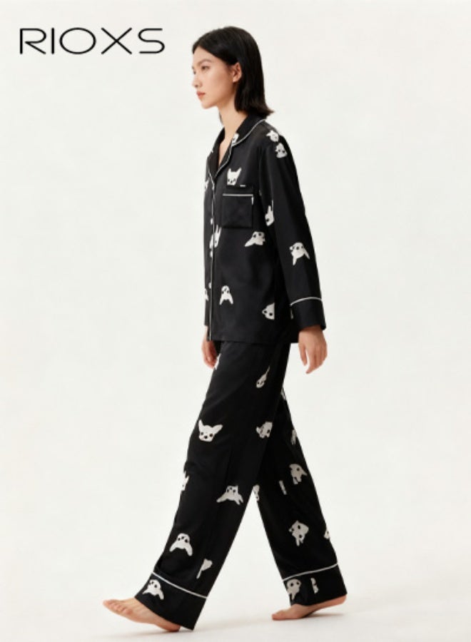 RIOXS 7pcs Women's Silk Satin Pajama Set, Comfortable Four-season Dog Patterned Sleepwear with Short and Long Pants, Cami and V-neck Button Down Long Sleeve Nightwear Tops, Soft Loungewear Set for Pajama Party, Bridal Party, Lounging Room,Travel, Holiday, ect. Black - Image 2
