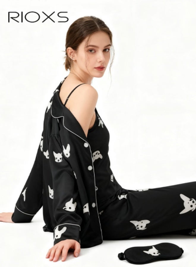 RIOXS 7pcs Women's Silk Satin Pajama Set, Comfortable Four-season Dog Patterned Sleepwear with Short and Long Pants, Cami and V-neck Button Down Long Sleeve Nightwear Tops, Soft Loungewear Set for Pajama Party, Bridal Party, Lounging Room,Travel, Holiday, ect. Black - Image 3