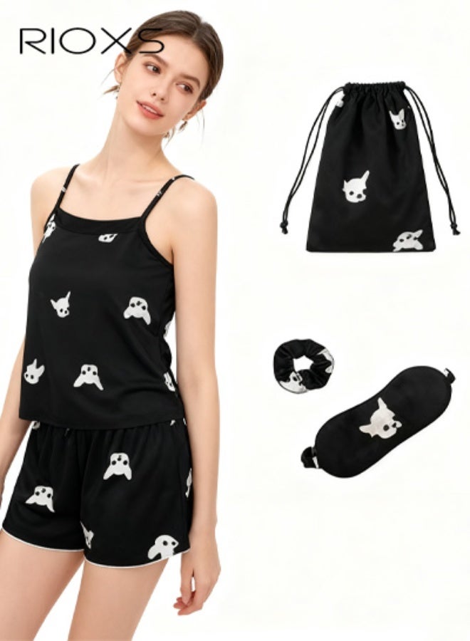 RIOXS 7pcs Women's Silk Satin Pajama Set, Comfortable Four-season Dog Patterned Sleepwear with Short and Long Pants, Cami and V-neck Button Down Long Sleeve Nightwear Tops, Soft Loungewear Set for Pajama Party, Bridal Party, Lounging Room,Travel, Holiday, ect. Black - Image 4