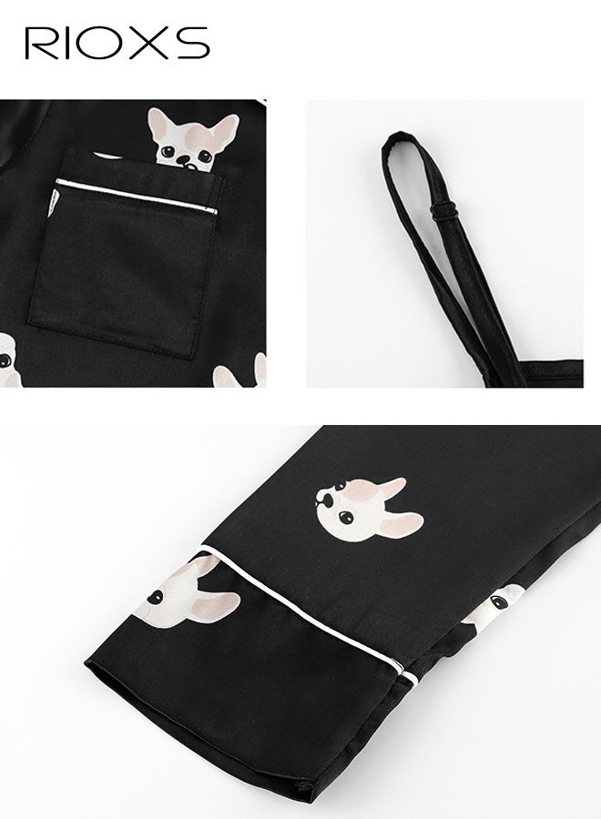 RIOXS 7pcs Women's Silk Satin Pajama Set, Comfortable Four-season Dog Patterned Sleepwear with Short and Long Pants, Cami and V-neck Button Down Long Sleeve Nightwear Tops, Soft Loungewear Set for Pajama Party, Bridal Party, Lounging Room,Travel, Holiday, ect. Black - Image 5