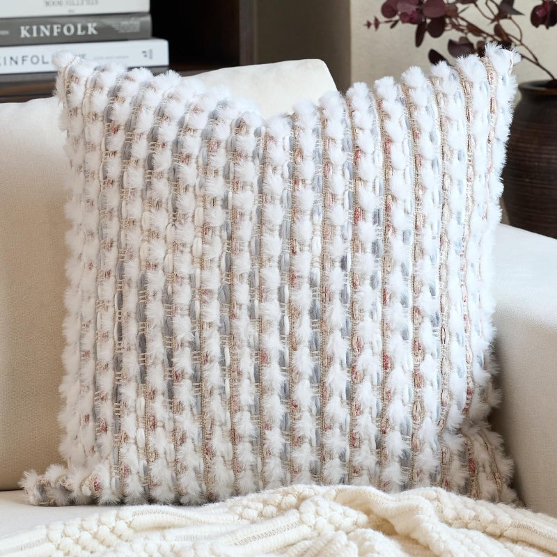 Aeckself Boho Chenille Tufted Pillow Cover 20x20 Inch, Decorative Square Throw Pillow Cover Neutral Pillowcase for Couch Bedroom Living Room, Grey White - Image 1