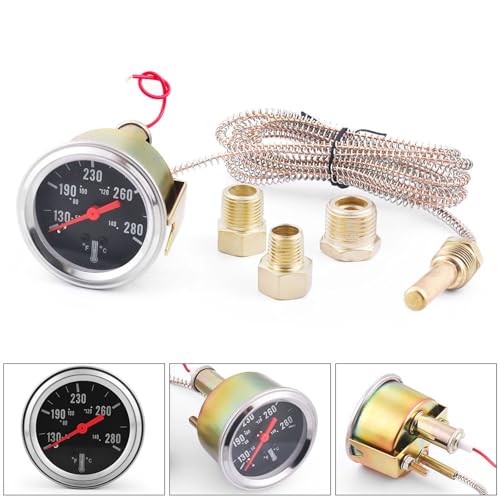 Dyno Racing 2" 52mm 12V Pointer Mechanical Water Temperature Temp Gauge (50-140℃,130-280℉),Yellow Light Car Meter with Sensor NPT 1/2, NPT 3/8, NPT 1/4, 1.8m Wire Length - Image 3