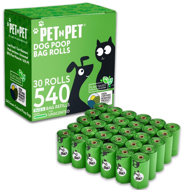Pet N Pet 540 Counts Green Poop Bags for Dogs, 41% Plant Based & 59% PE Extra Thick Dog Poop Bags Rolls, 9" x 13", Unscented Dog Waste Bag, Pet Supplies for Dogs - Image 1