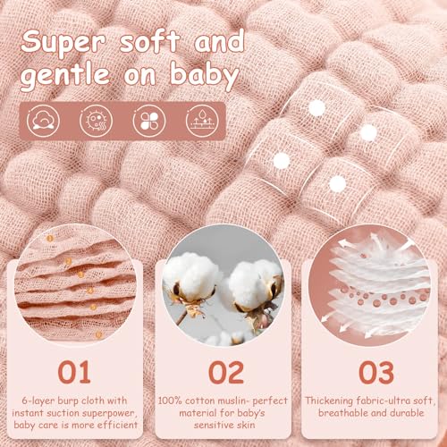Looxii Muslin Burp Cloths 100% Cotton Muslin Cloths Large 20''x10'' Extra Soft and Absorbent 6 Pack Baby Burping Cloth for Boys and Girls Shell Pink - Image 2