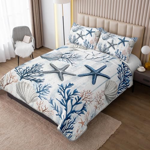 UEVBF Starfish Coastal Bedding Quilt Sets King Size,Summer Shell Blue Coral Nautical Bedding Quilt with 2 Pillowcases,Beach Themed Soft Lightweight Quilted Set. - Image 2