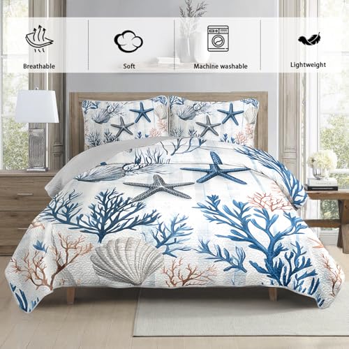 UEVBF Starfish Coastal Bedding Quilt Sets King Size,Summer Shell Blue Coral Nautical Bedding Quilt with 2 Pillowcases,Beach Themed Soft Lightweight Quilted Set. - Image 3