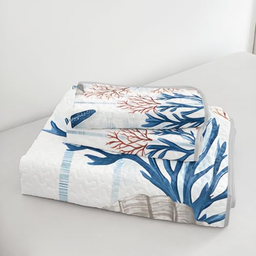 UEVBF Starfish Coastal Bedding Quilt Sets King Size,Summer Shell Blue Coral Nautical Bedding Quilt with 2 Pillowcases,Beach Themed Soft Lightweight Quilted Set. - Image 5