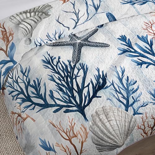 UEVBF Starfish Coastal Bedding Quilt Sets King Size,Summer Shell Blue Coral Nautical Bedding Quilt with 2 Pillowcases,Beach Themed Soft Lightweight Quilted Set. - Image 4