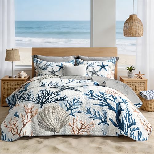 UEVBF Starfish Coastal Bedding Quilt Sets King Size,Summer Shell Blue Coral Nautical Bedding Quilt with 2 Pillowcases,Beach Themed Soft Lightweight Quilted Set. - Image 1