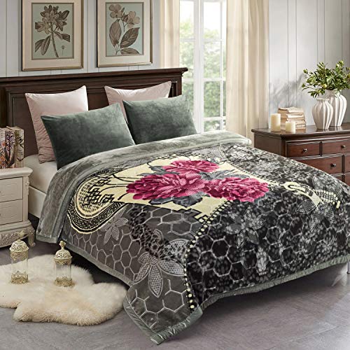 JML Fleece Blanket King Size 87 x 94 105 Pounds Heavy Korean Style Raschel Blanket Perfect for Fall Winter Silky Soft Thick Warm 2 Ply AB Printed Grey Red Floral - Image 1