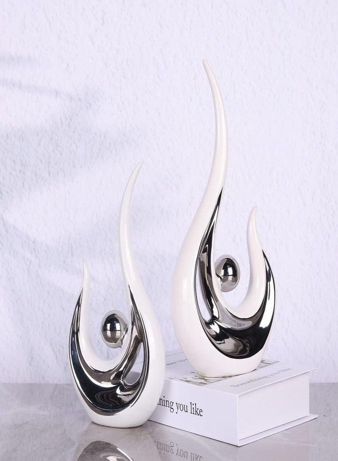 DOVDOV Abstract Ceramic Statues Set of 2, Silver and White Home Decor, Now Decorative Centrepieces, Consoles, Shelves, Dining Table Centrepieces, Entry Table Decor Aesthetics - Image 3