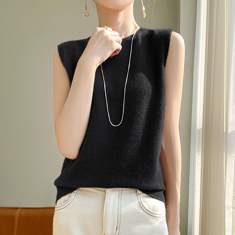 24 Spring First-Line Garment Round Neck Slimming Pure Woolen Sweater Vest Female Temperament Commuter Knitted Base All-Match Vest Black - Image 1