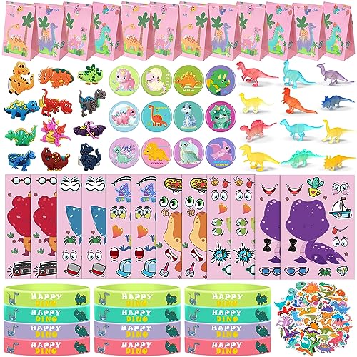 Junkin 122 Pcs Dinosaur Party Supplies Pink Dinosaur Birthday Party Favors Dino Goodie Bags Make a Dino Sticker Mini Glow in Dark Toy Badge Bracelet Ring for Christmas Favor Treat Bag Stocking Stuffer - Image 1