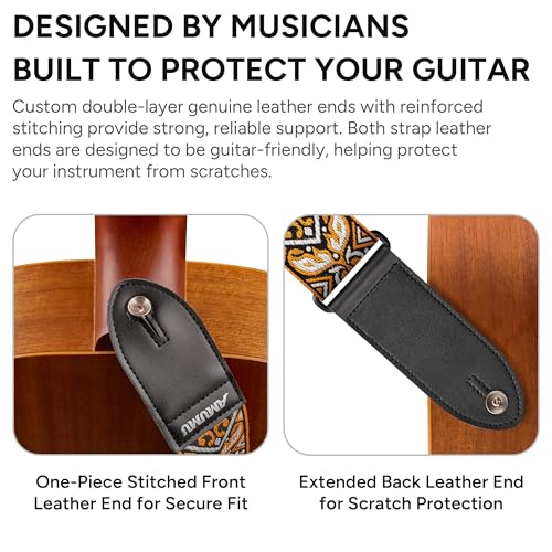 Amumu 2" Orange Embroidery Guitar Strap - Premium Leather Ends - for Acoustic, Electric, Bass Guitars, Adjustable 37'' to 63" - Image 5