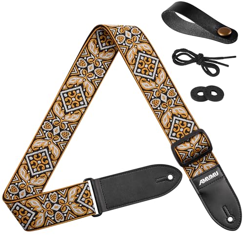 Amumu 2" Orange Embroidery Guitar Strap - Premium Leather Ends - for Acoustic, Electric, Bass Guitars, Adjustable 37'' to 63" - Image 2