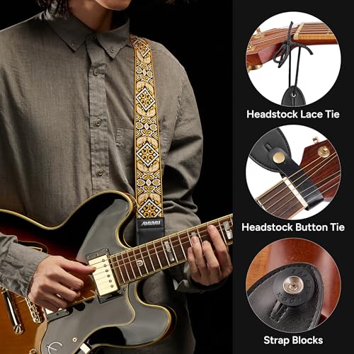 Amumu 2" Orange Embroidery Guitar Strap - Premium Leather Ends - for Acoustic, Electric, Bass Guitars, Adjustable 37'' to 63" - Image 3
