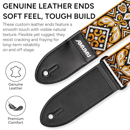 Amumu 2" Orange Embroidery Guitar Strap - Premium Leather Ends - for Acoustic, Electric, Bass Guitars, Adjustable 37'' to 63" - Image 4