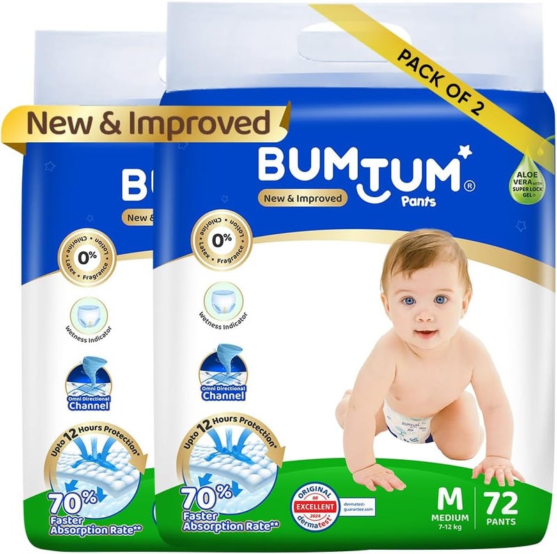 Bumtum Baby Diaper Pants, M (Size 3), 7-12 kg, Double Layer Leakage Protection Infused With Aloe Vera, Cottony Soft High Absorb Technology, 144 Diaper - Image 1