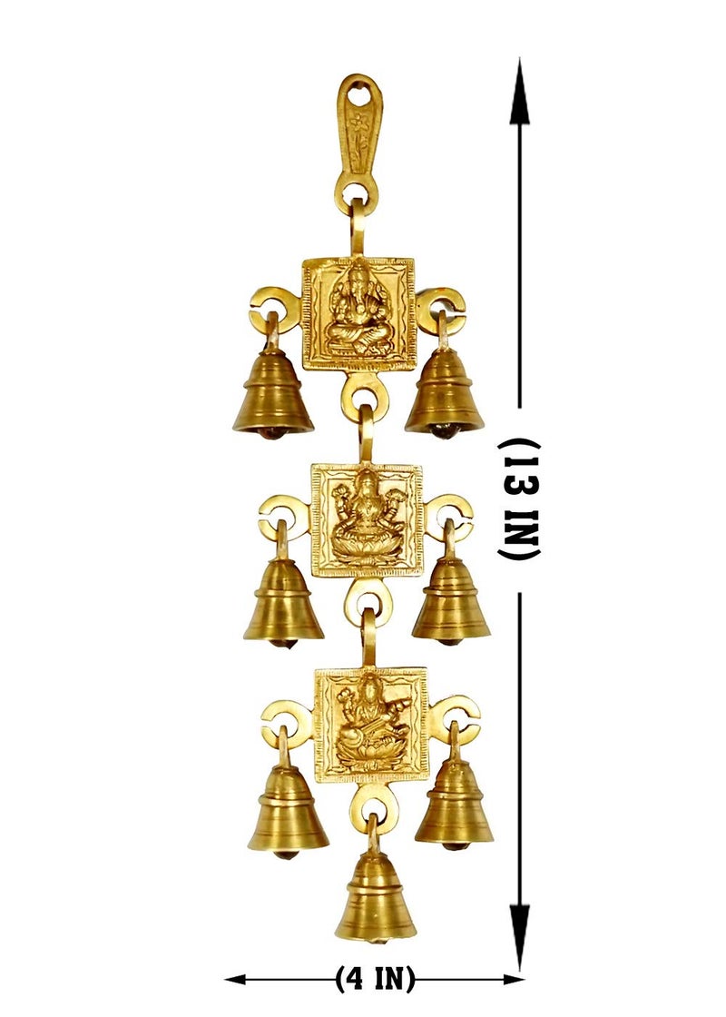 CRAFTHUT Lakshmi Ganesh and Saraswati Brass Wall Hanging 13 x 4 inch Gold Decorative Piece for Home Door Gate Temple Entry Gate Jhumar Piece with Bells - Image 2
