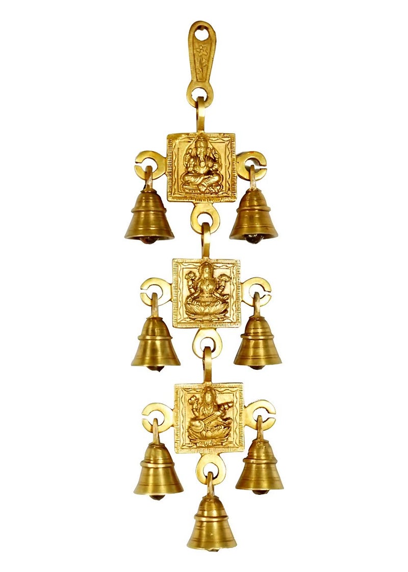 CRAFTHUT Lakshmi Ganesh and Saraswati Brass Wall Hanging 13 x 4 inch Gold Decorative Piece for Home Door Gate Temple Entry Gate Jhumar Piece with Bells - Image 1