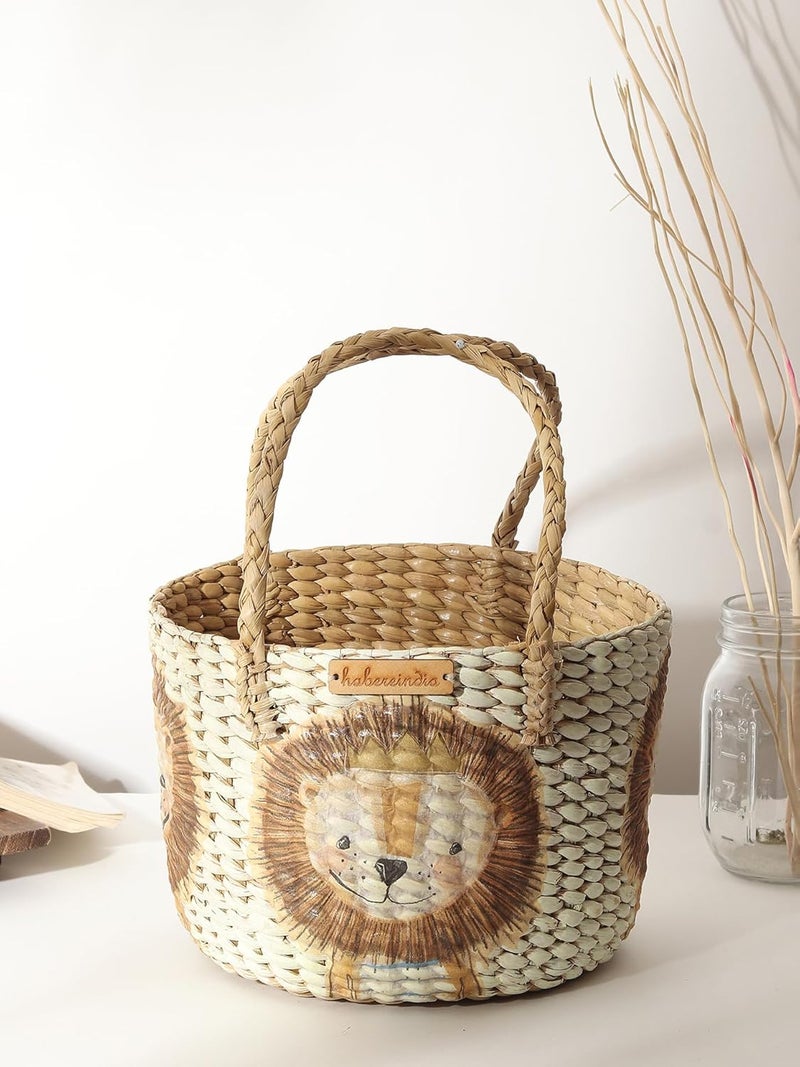 Habere India-All the Cultures Fabricating India Habere IndiaAll the Cultures Fabricating India Handmade Gift Hamper Baskets Cane Hamper Basket Fruit Baskets Bamboo Organiser Round Hamper Basket Round Cap Basket Lion Set of 3 - Image 1