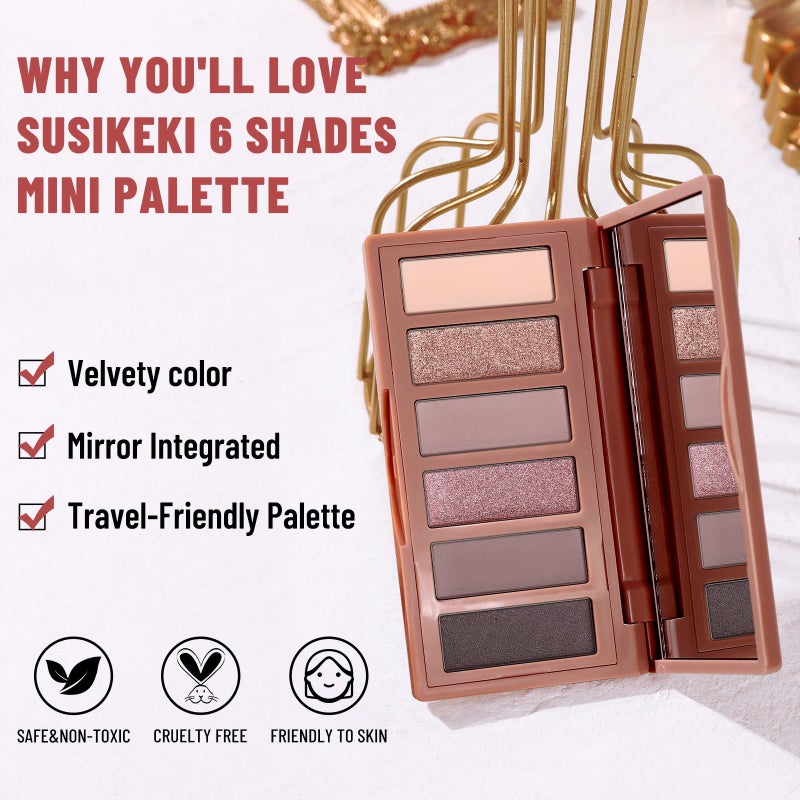 SUSIKEKI 6 Colors Mini Eyeshadow Makeup Palette Rosy Neutral Nude Eye Shadow Shimmer & Matte Make Up Pallet with Mirror Highly Pigmented Long Lasting Waterproof Travel Size Gift Kit 02 - Image 4