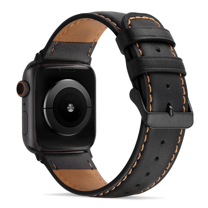 Tasikar Bands Compatible with Apple Watch Band 49mm 46mm 45mm 44mm 42mm Genuine Leather Replacement Straps Compatible with Apple Watch Ultra 3 2 1 SE Series 11 10 9 8 7 6 5 4 3, Black - Image 2