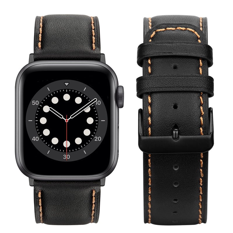 Tasikar Bands Compatible with Apple Watch Band 49mm 46mm 45mm 44mm 42mm Genuine Leather Replacement Straps Compatible with Apple Watch Ultra 3 2 1 SE Series 11 10 9 8 7 6 5 4 3, Black - Image 3