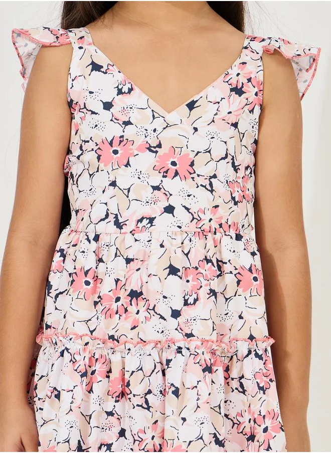 Styli Floral Print Tie-Up Back Dress