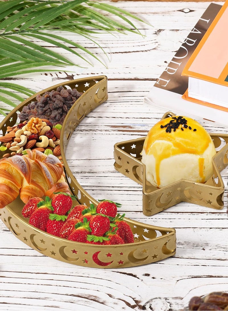 لوبيتيز مجموعة من 2 طبق رامadan، طبقان من الحديد على شكل قمر ذهبي ونجوم لعيد الفطر، مناسبة للحفلات، يمكن استخدامها كزينة لطاولة الطعام أو لحفظ الحلويات - Image 1