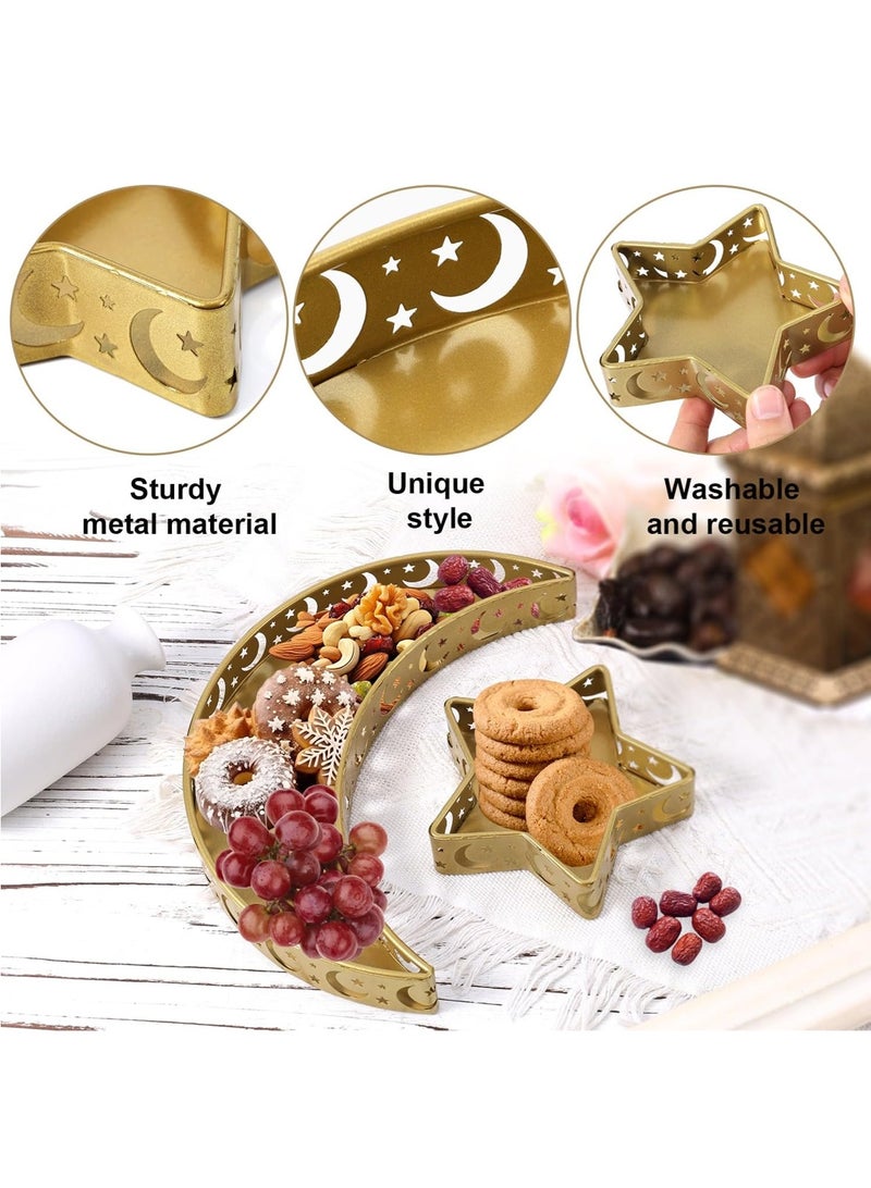 لوبيتيز مجموعة من 2 طبق رامadan، طبقان من الحديد على شكل قمر ذهبي ونجوم لعيد الفطر، مناسبة للحفلات، يمكن استخدامها كزينة لطاولة الطعام أو لحفظ الحلويات - Image 2