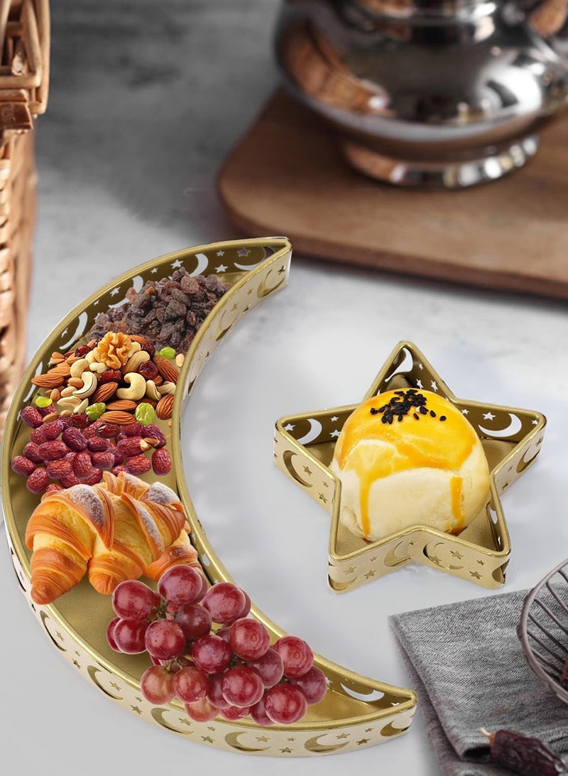 لوبيتيز مجموعة من 2 طبق رامadan، طبقان من الحديد على شكل قمر ذهبي ونجوم لعيد الفطر، مناسبة للحفلات، يمكن استخدامها كزينة لطاولة الطعام أو لحفظ الحلويات - Image 4