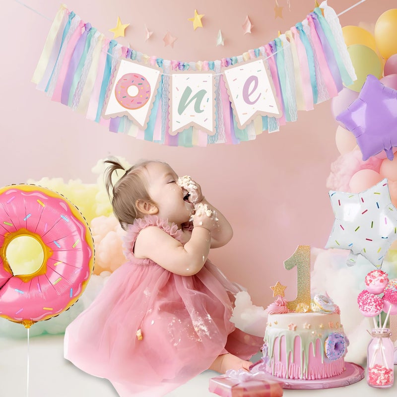 Kriyokiaa Donut Highchair Banner 1st Birthday Girl Sweet One Birthday Party Decorations Rainbow High Chair Banner Photo Background - Image 4