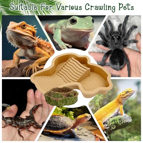 FALESHOS 3PCS Tortoise Habitat Accessories, Creature Bathing Pool with Ramp & Basking Area, 2PCS Simulation Tree Stump Feeding Dish for Turtle Gecko Frog Semi-Aquatic Species - Image 5