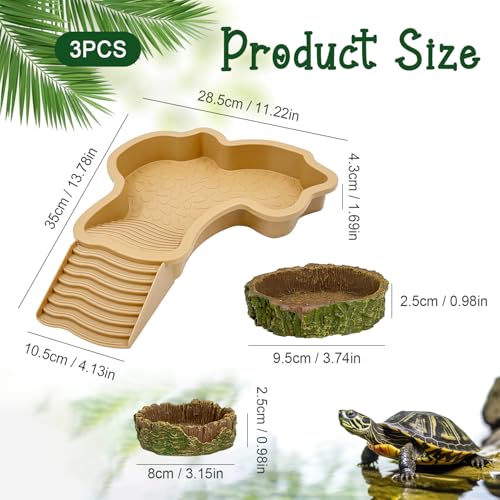 FALESHOS 3PCS Tortoise Habitat Accessories, Creature Bathing Pool with Ramp & Basking Area, 2PCS Simulation Tree Stump Feeding Dish for Turtle Gecko Frog Semi-Aquatic Species - Image 2