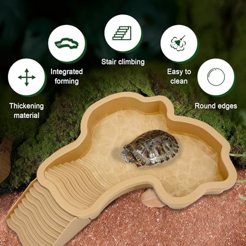 FALESHOS 3PCS Tortoise Habitat Accessories, Creature Bathing Pool with Ramp & Basking Area, 2PCS Simulation Tree Stump Feeding Dish for Turtle Gecko Frog Semi-Aquatic Species - Image 3