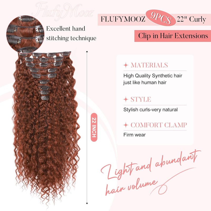 Flufymooz 9 x clip-in hair extensions, 22 inch clip-in hair extensions, curly hair extensions, long, soft synthetic hairpieces for women, copper red - Image 2