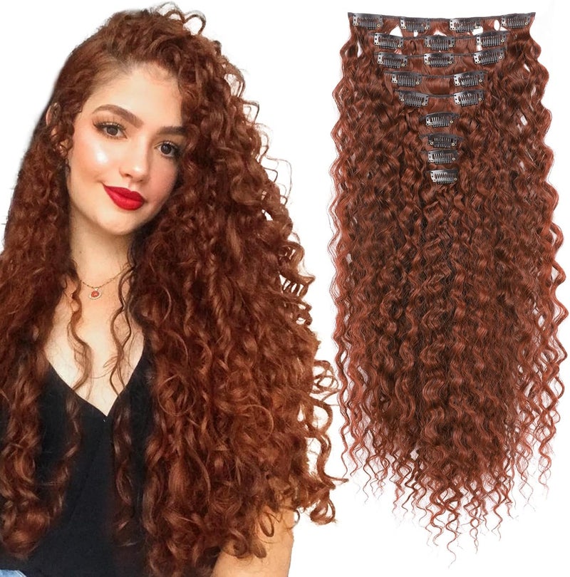 Flufymooz 9 x clip-in hair extensions, 22 inch clip-in hair extensions, curly hair extensions, long, soft synthetic hairpieces for women, copper red - Image 1