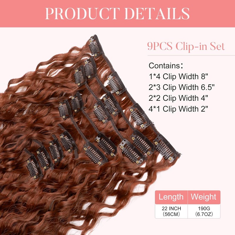 Flufymooz 9 x clip-in hair extensions, 22 inch clip-in hair extensions, curly hair extensions, long, soft synthetic hairpieces for women, copper red - Image 3