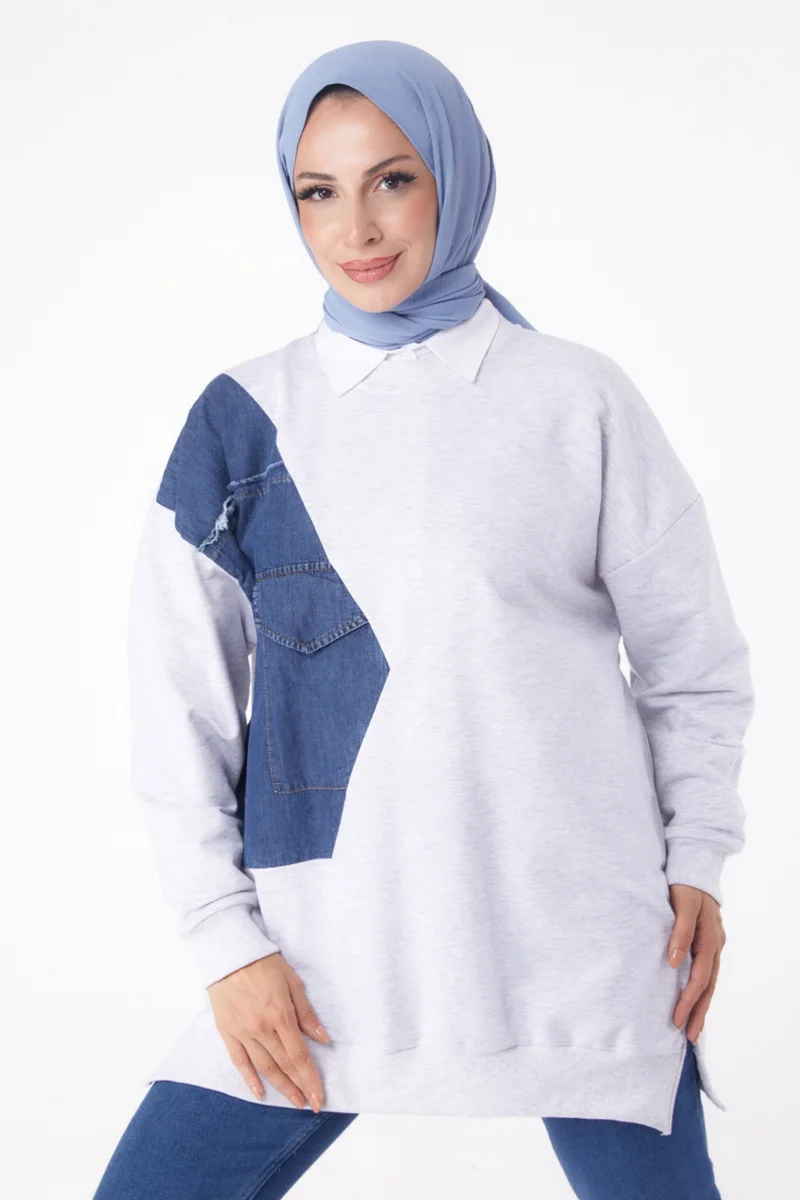 Tofisa Plain Crew Neck Women's Gray Garnished Sweat - 26224